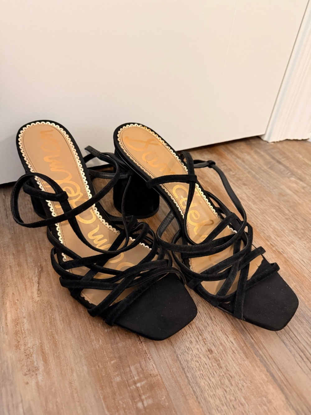 Sam Edelman Black Strappy Square-Toe Block Heels